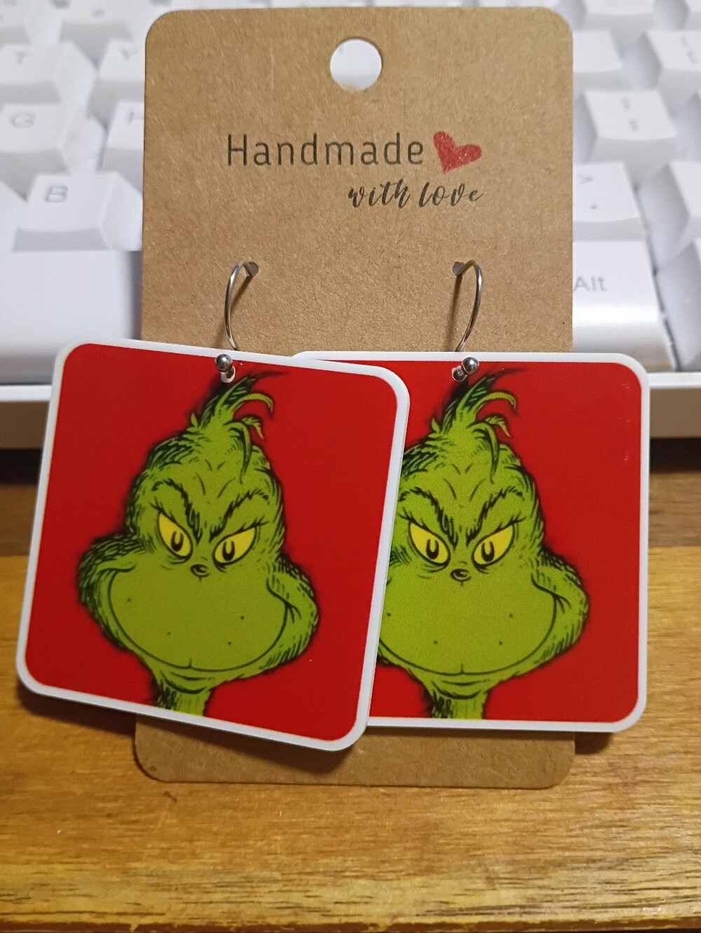 Retro Classic Grinch Face Red & Green Dangle Square Earrings